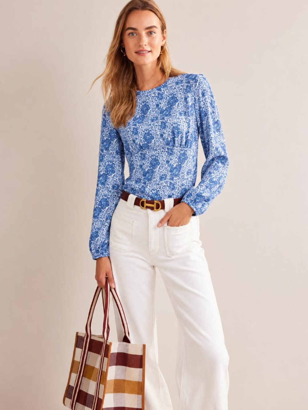 BODEN Blue Paisley Printed Crepe Empire Waist Blouse, Size 4